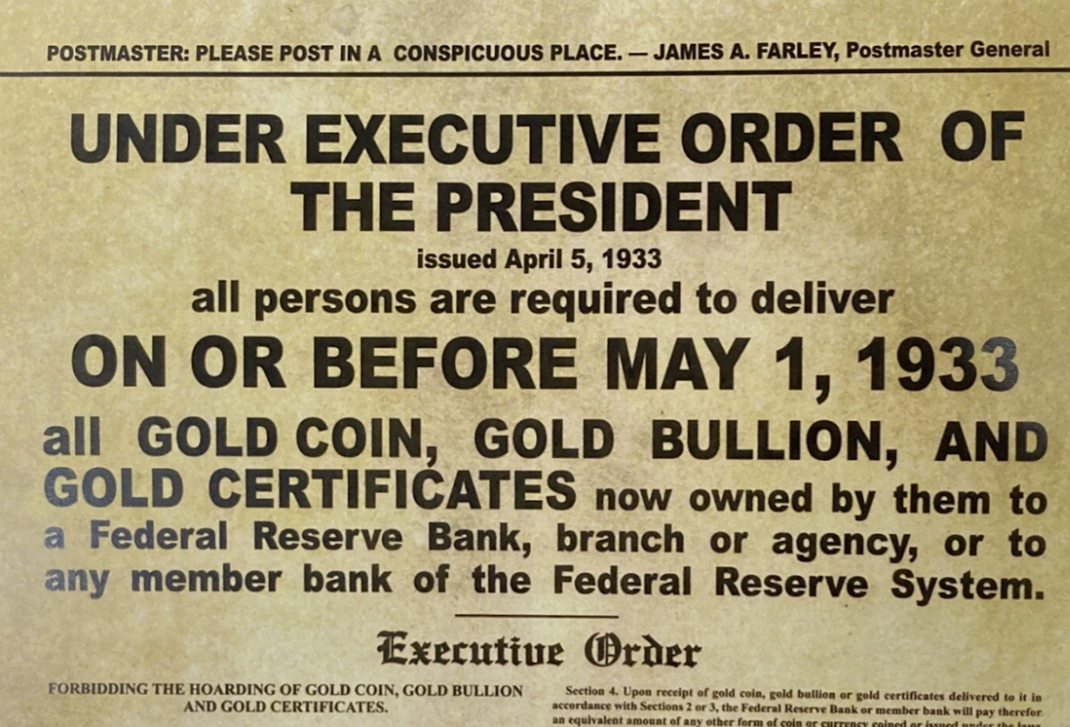 FDR 1933 Executive Order 6102 gold is illegal for us citizens